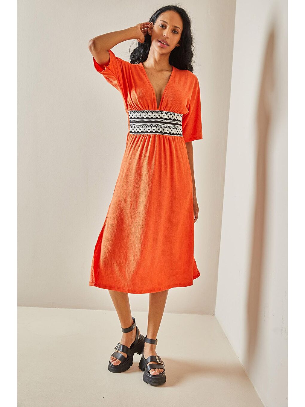 Turuncu Kemer Detaylı Dokulu Elbise 3YXK6-47403-11-3