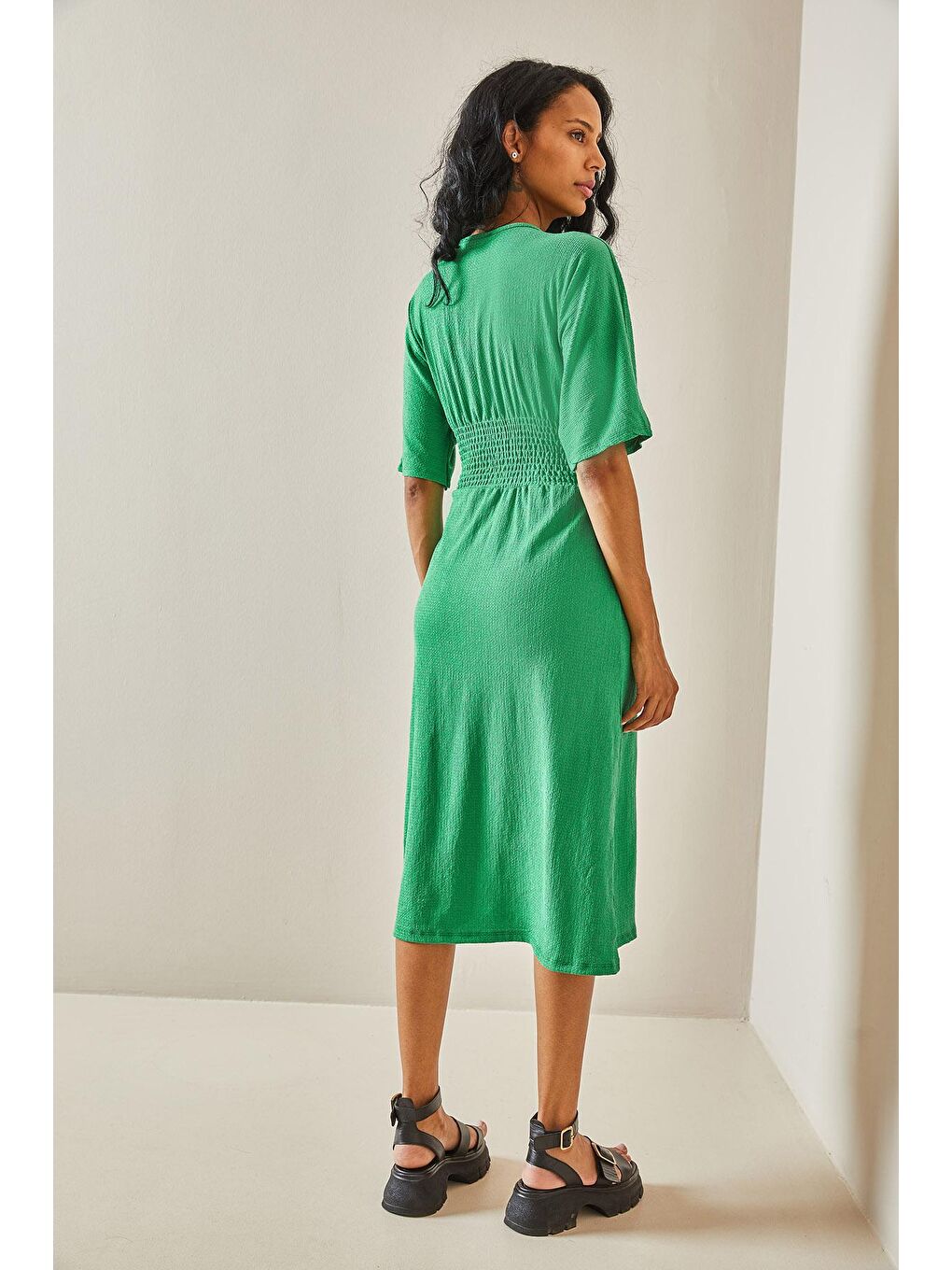 Yeşil Kemer Detaylı Dokulu Elbise 3YXK6-47403-08-3