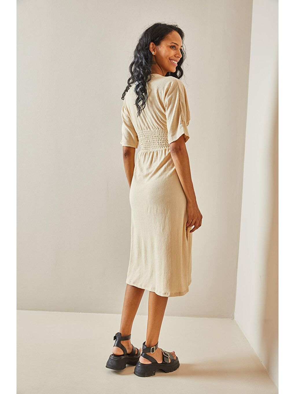 Bej Kemer Detaylı Dokulu Elbise 3YXK6-47403-25-3