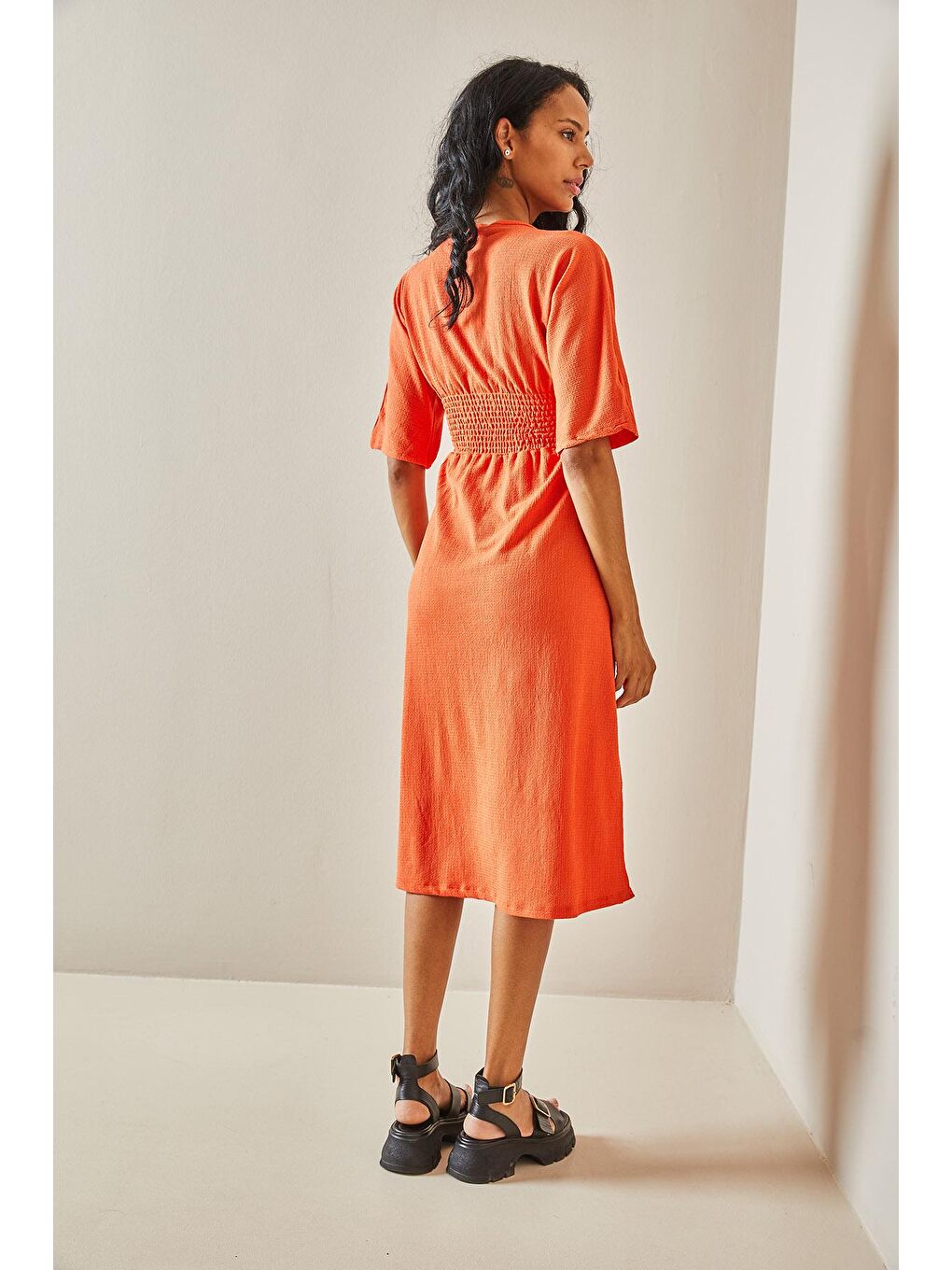 Turuncu Kemer Detaylı Dokulu Elbise 3YXK6-47403-11-4