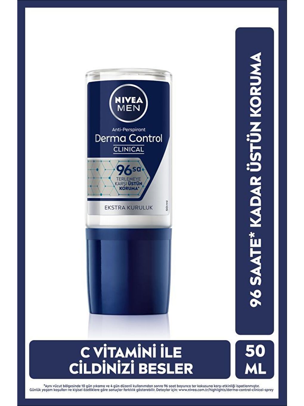 NIVEA Men Derma Control Clinical Erkek Roll-On Deodorant 50 ml, Üstün Koruma, Ekstra Kuruluk