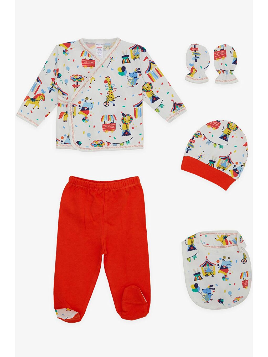 Erkek Bebek Hastane Çıkışı 5 li Lunapark Temalı Hayvancıklar Desenli Beyaz (0-3 Ay)