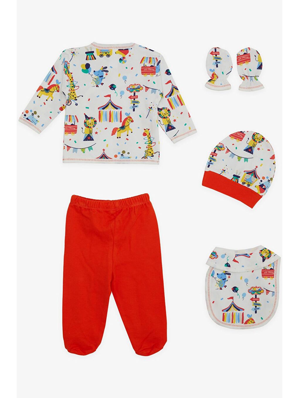 Erkek Bebek Hastane Çıkışı 5 li Lunapark Temalı Hayvancıklar Desenli Beyaz (0-3 Ay)-1