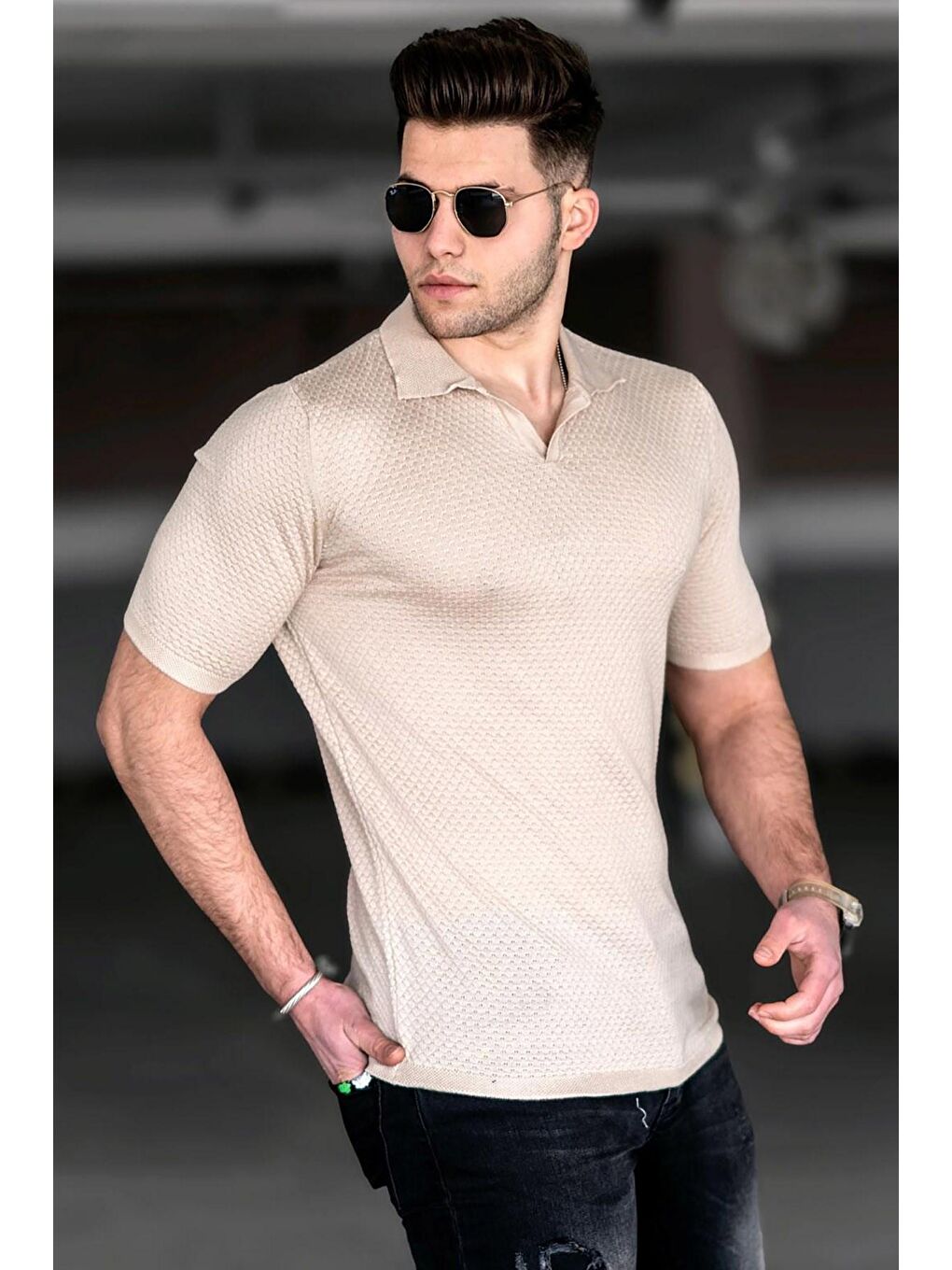 Bej Polo Yaka Tişört 5074