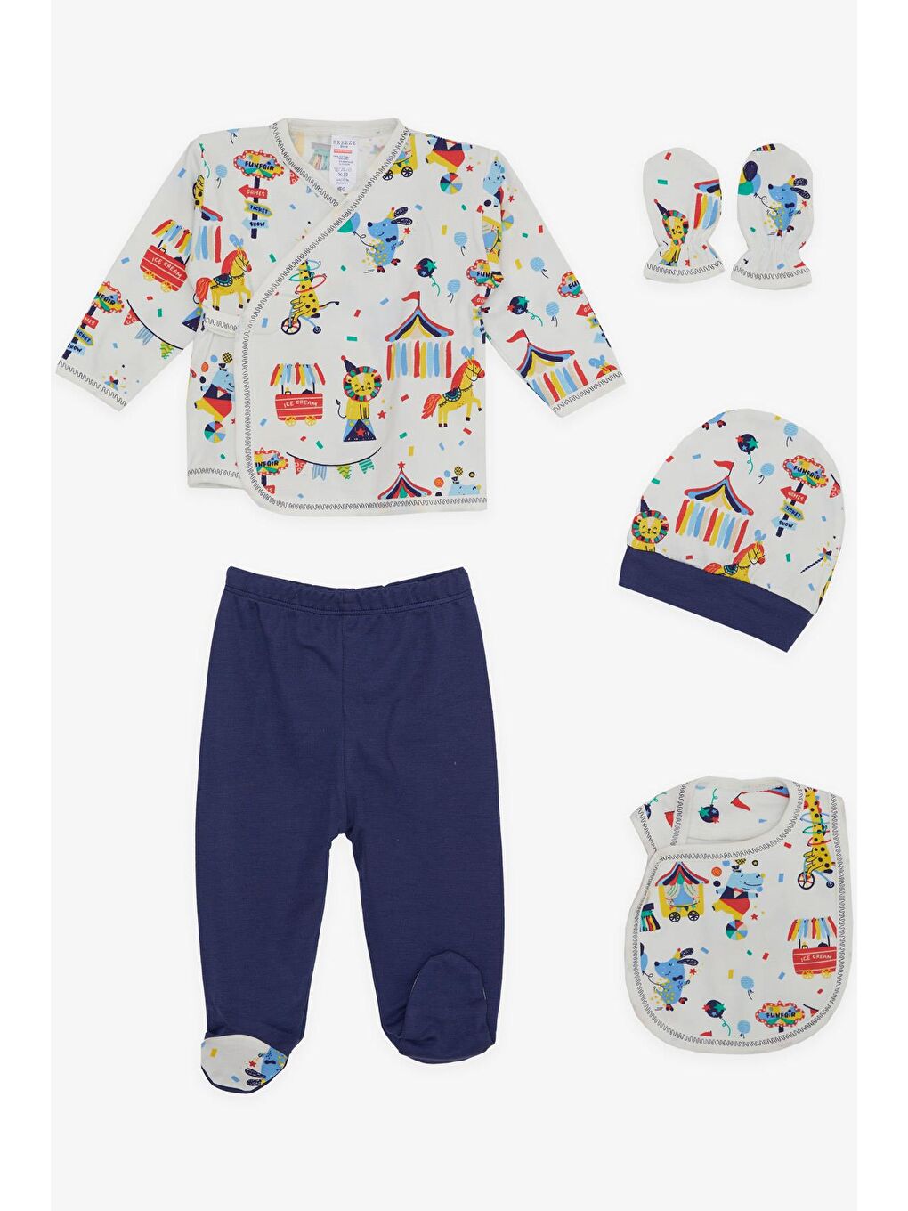 Erkek Bebek Hastane Çıkışı 5 li Lunapark Temalı Hayvancıklar Desenli Beyaz (0-3 Ay)