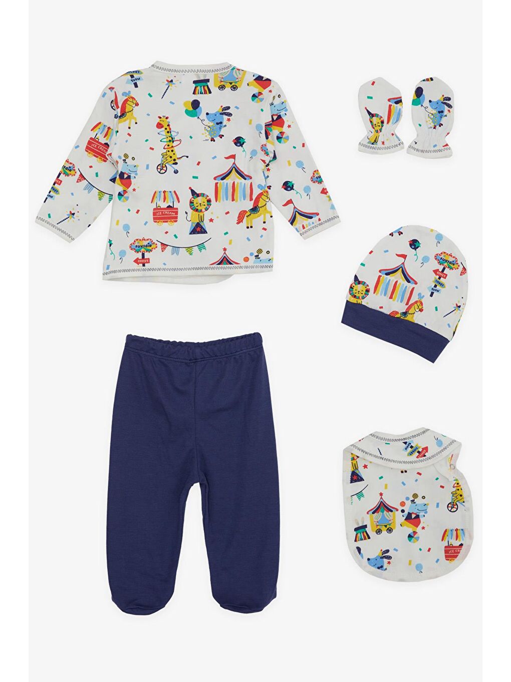 Erkek Bebek Hastane Çıkışı 5 li Lunapark Temalı Hayvancıklar Desenli Beyaz (0-3 Ay)-1