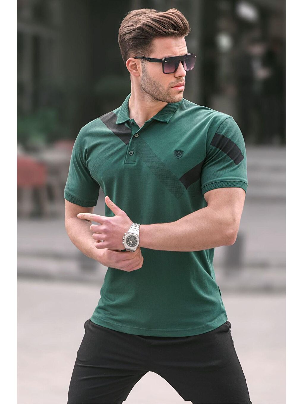 Koyu Yeşil Desenli Polo Yaka Erkek Tişört 6081