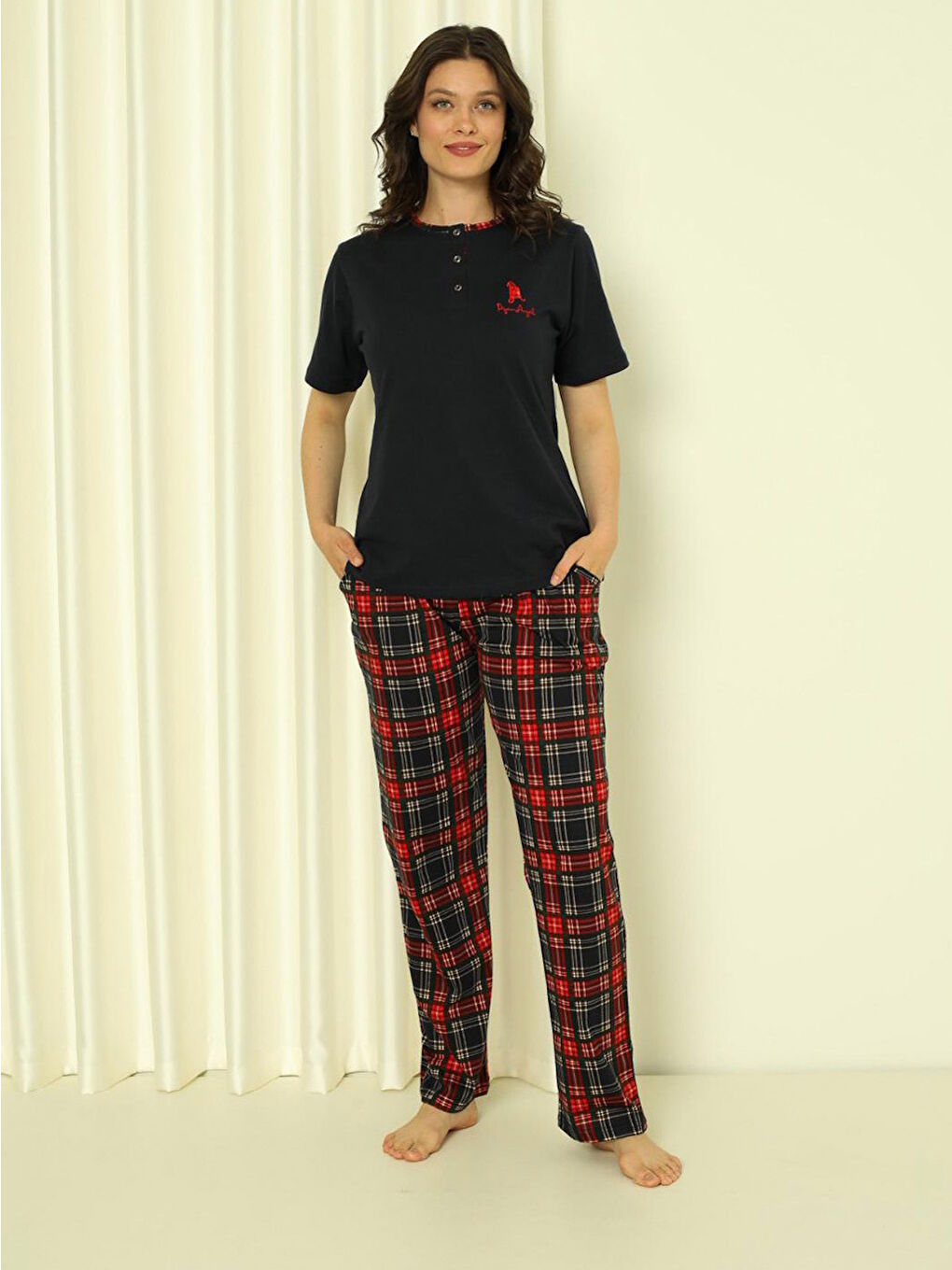 Lacivert Kadın Pijama Takımı Kısa Kol Altı Küçük Ekoseli Pamuklu Mevsimlik