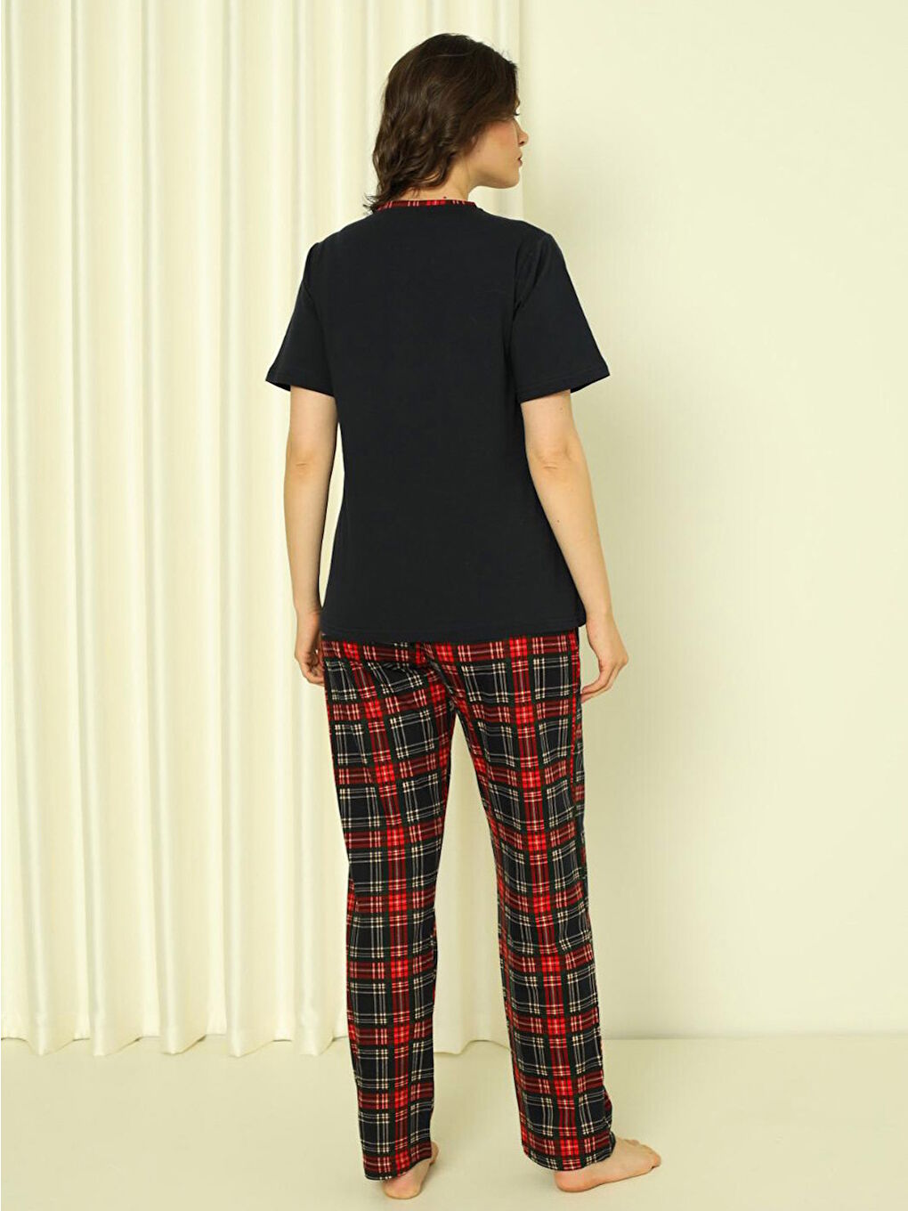 Lacivert Kadın Pijama Takımı Kısa Kol Altı Küçük Ekoseli Pamuklu Mevsimlik-1