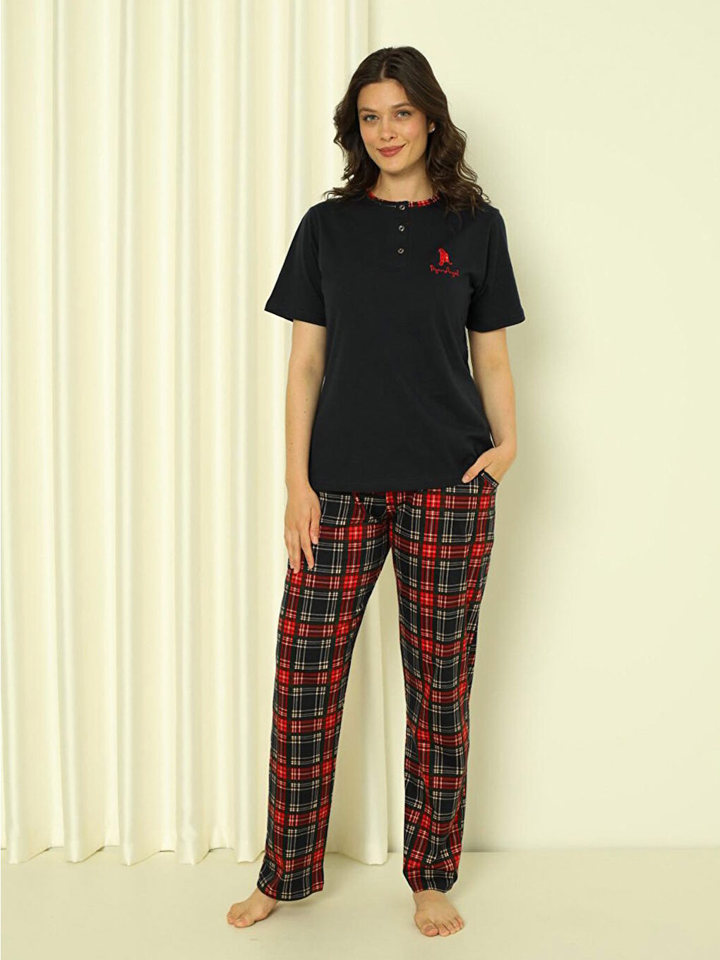 Lacivert Kadın Pijama Takımı Kısa Kol Altı Küçük Ekoseli Pamuklu Mevsimlik-2