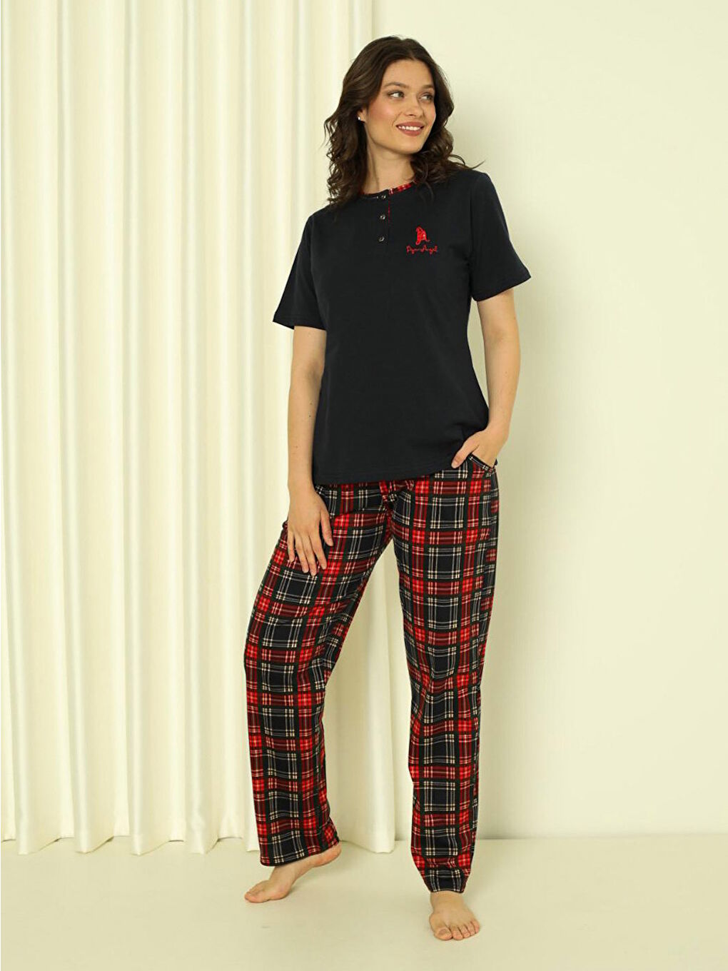 Lacivert Kadın Pijama Takımı Kısa Kol Altı Küçük Ekoseli Pamuklu Mevsimlik-3