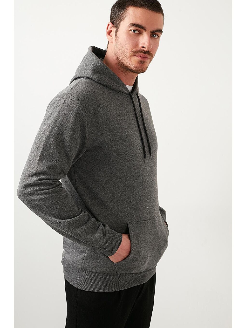 Antrasit Pamuklu Kanguru Cepli Kapüşonlu Erkek Hoodie