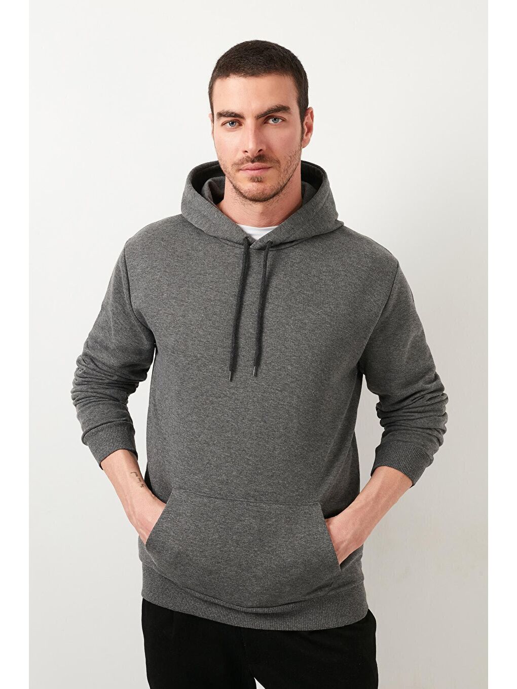 Antrasit Pamuklu Kanguru Cepli Kapüşonlu Erkek Hoodie-1