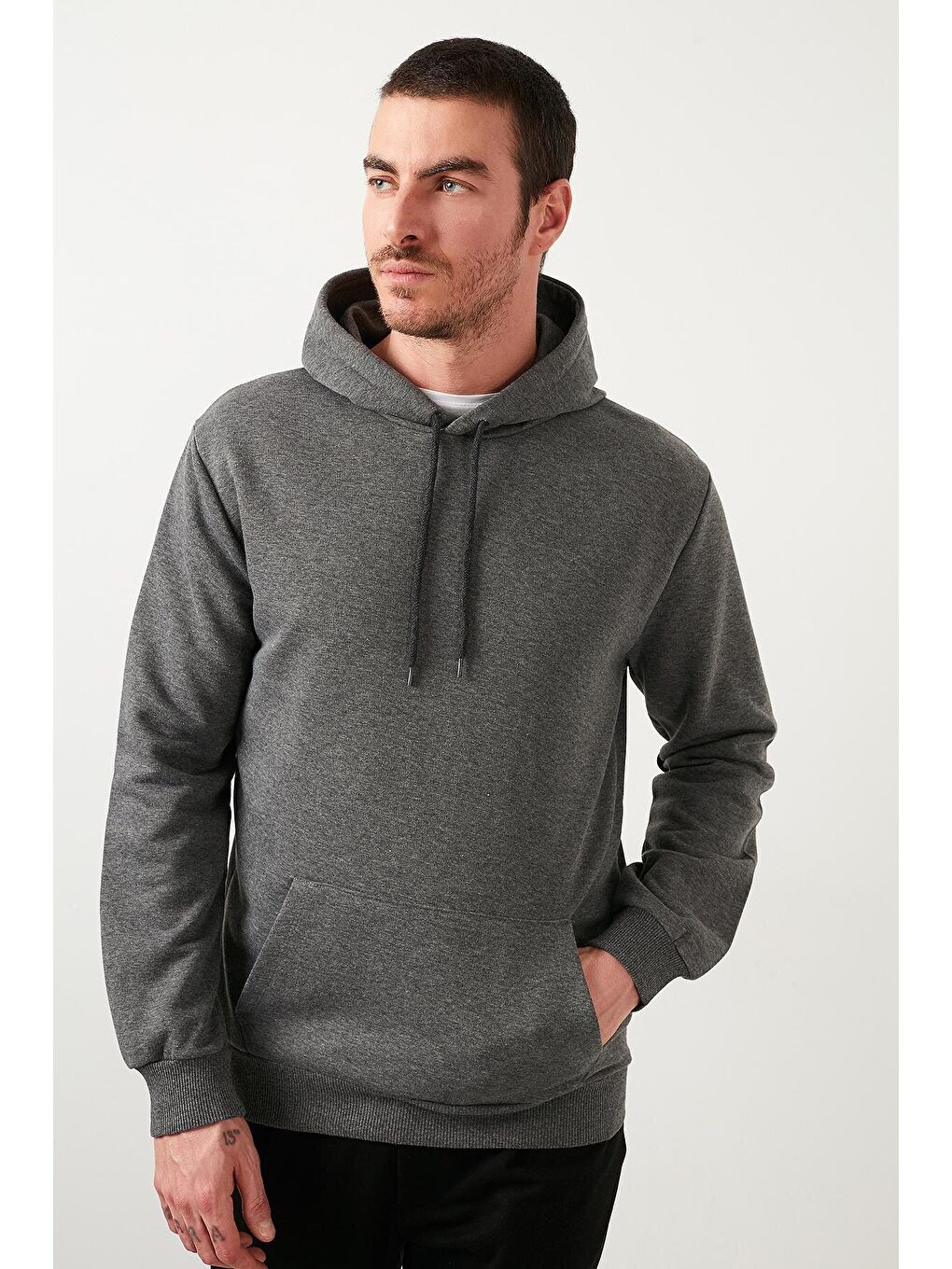 Antrasit Pamuklu Kanguru Cepli Kapüşonlu Erkek Hoodie-2