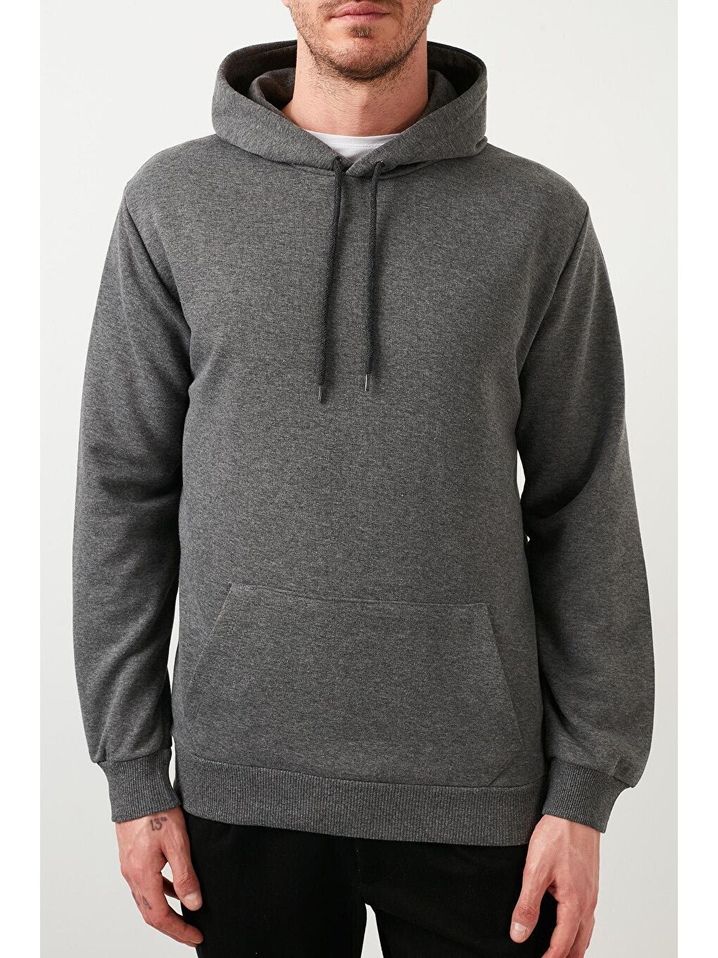 Antrasit Pamuklu Kanguru Cepli Kapüşonlu Erkek Hoodie-4