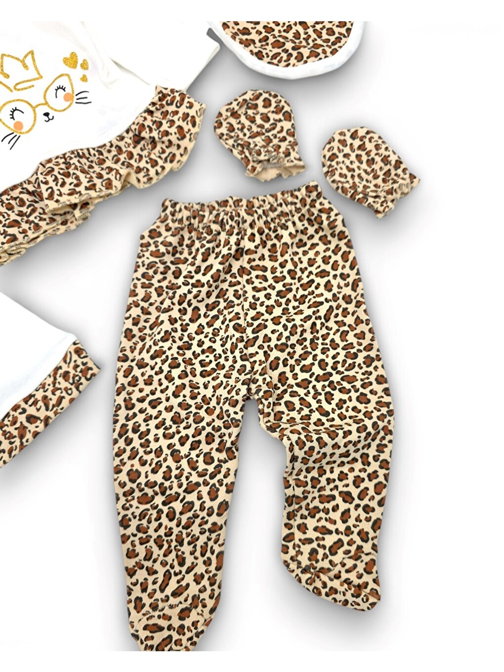 Kahverengi Kız Bebek 5'li Leopar Detaylı Hastane Çıkışı Zıbın Seti , %100 Pamuk Yenidoğan Zıbın Takımı-4