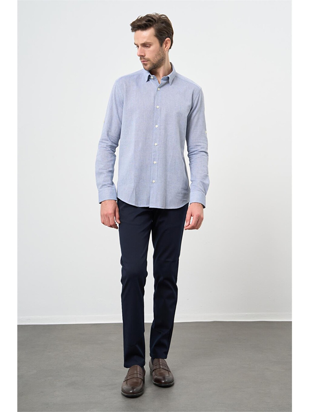 Mavi Kısalabilir Kollu Armürlü Biritli Yaka Pamuklu Casual Slim Fit Dar Kesim Gömlek 1004240202-1