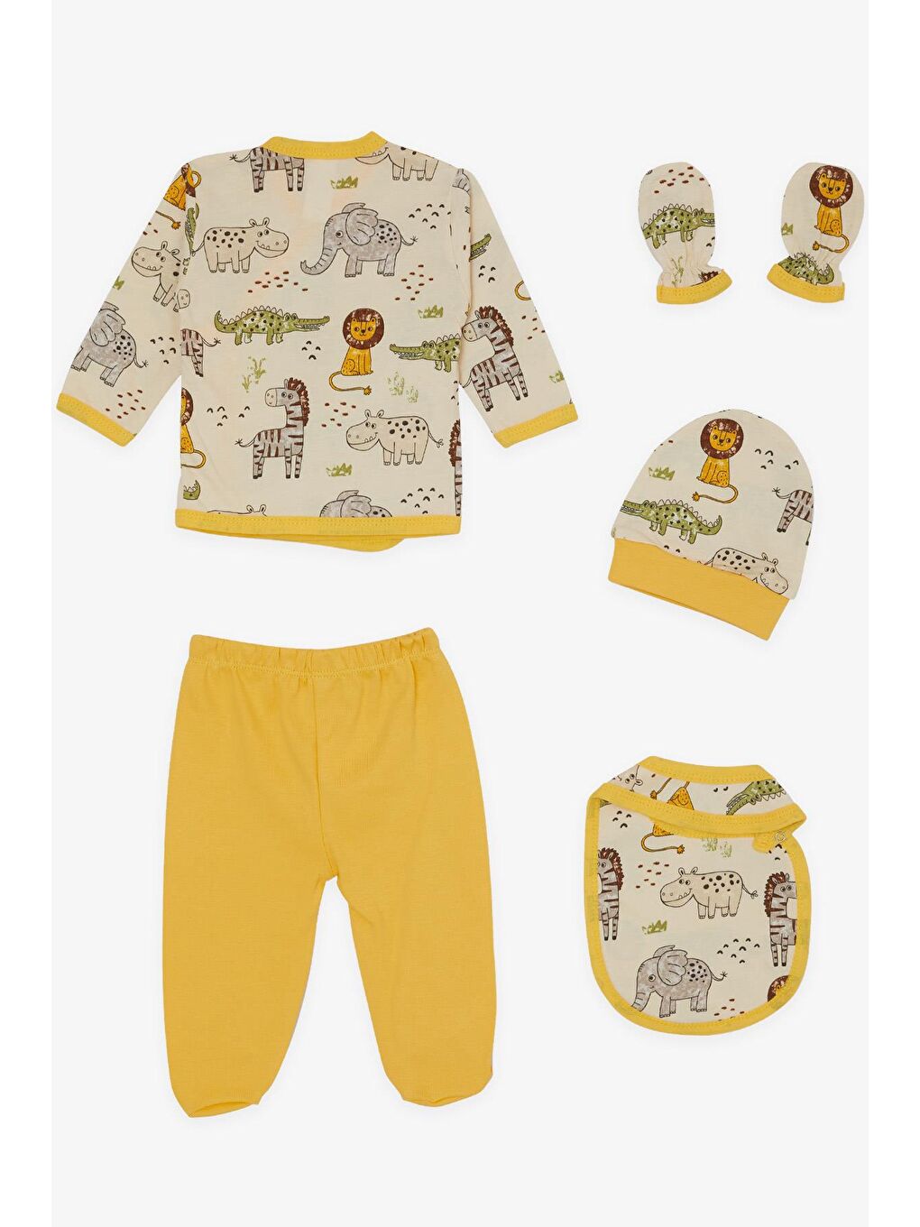 Ekru Erkek Bebek Hastane Çıkışı 5 li Sevimli Hayvancıklar Desenli Krem (3 Ay)-1