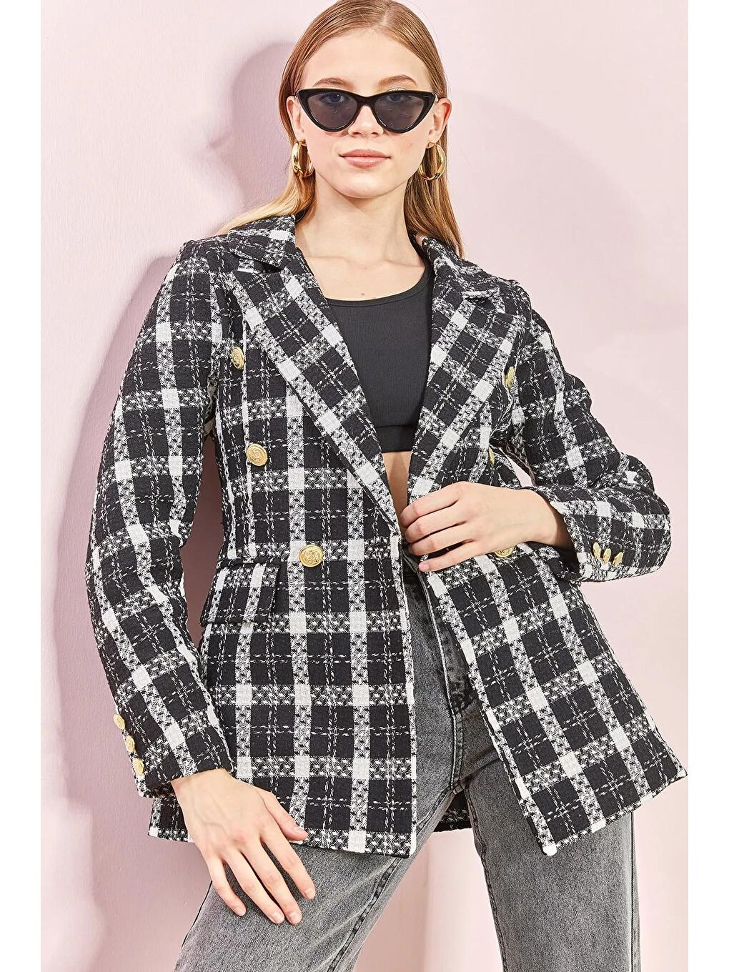 Siyah Kadın Ekose Desenli Altın Düğmeli Ceket-1