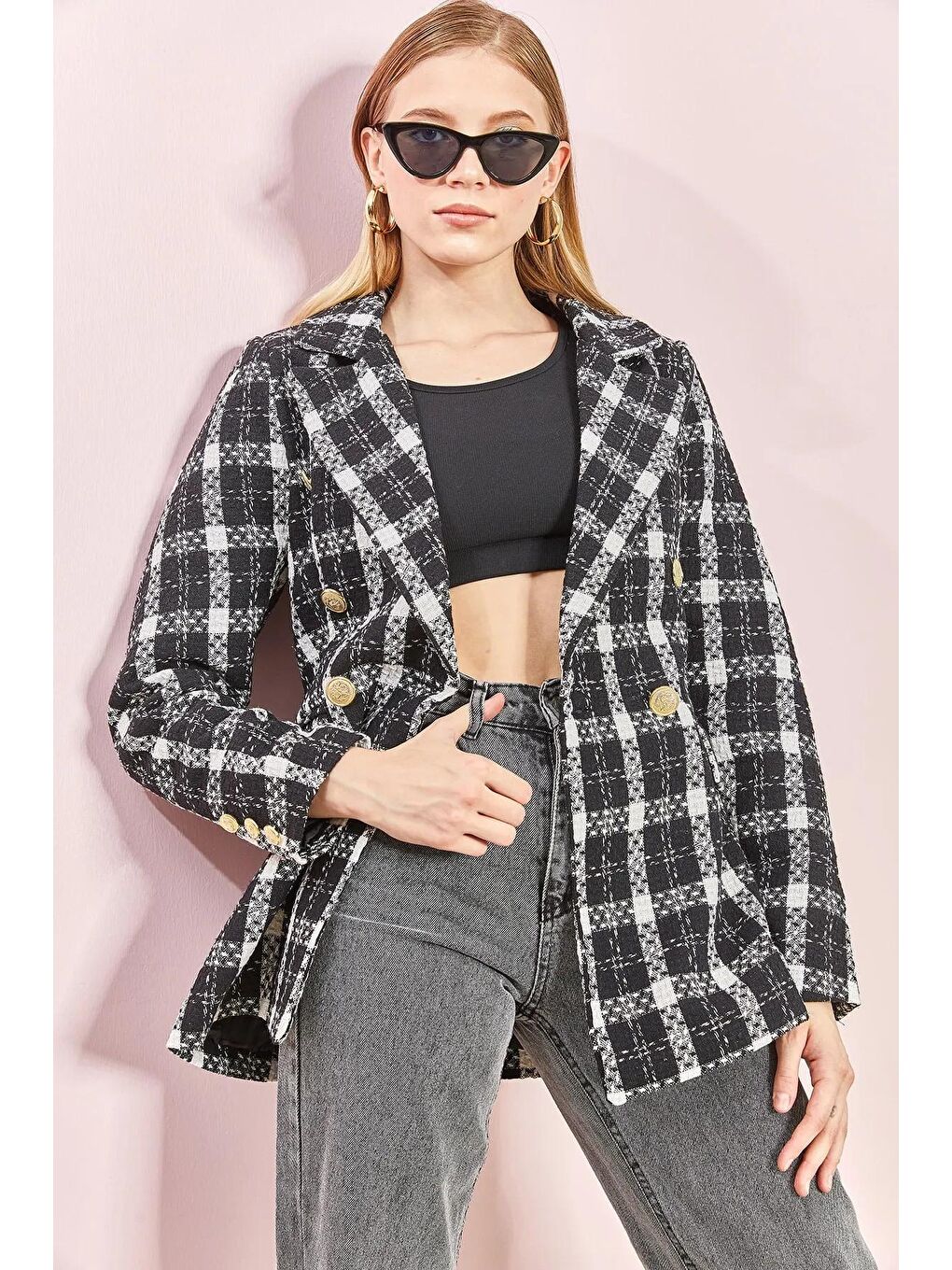 Siyah Kadın Ekose Desenli Altın Düğmeli Ceket-2