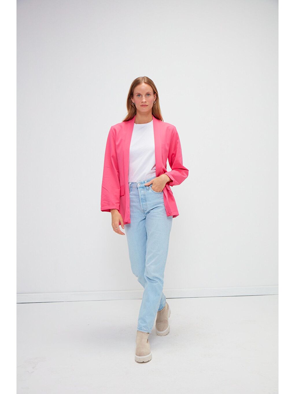 Pembe Düz Uzun Kollu Ceket-1