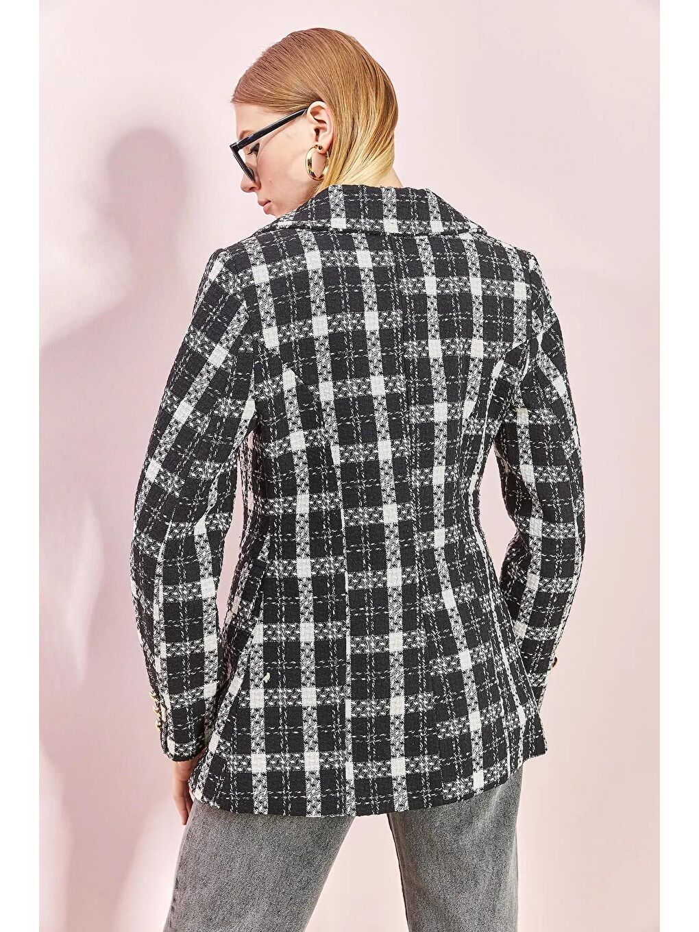 Siyah Kadın Ekose Desenli Altın Düğmeli Ceket-3