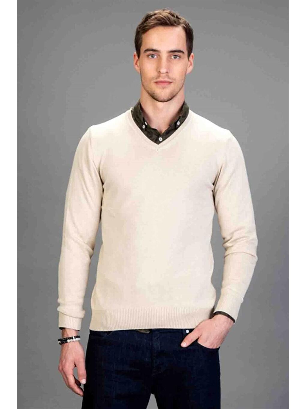 Erkek Standart Fit Normal Kesim V Yaka Pamuklu Bej Triko Kazak-1