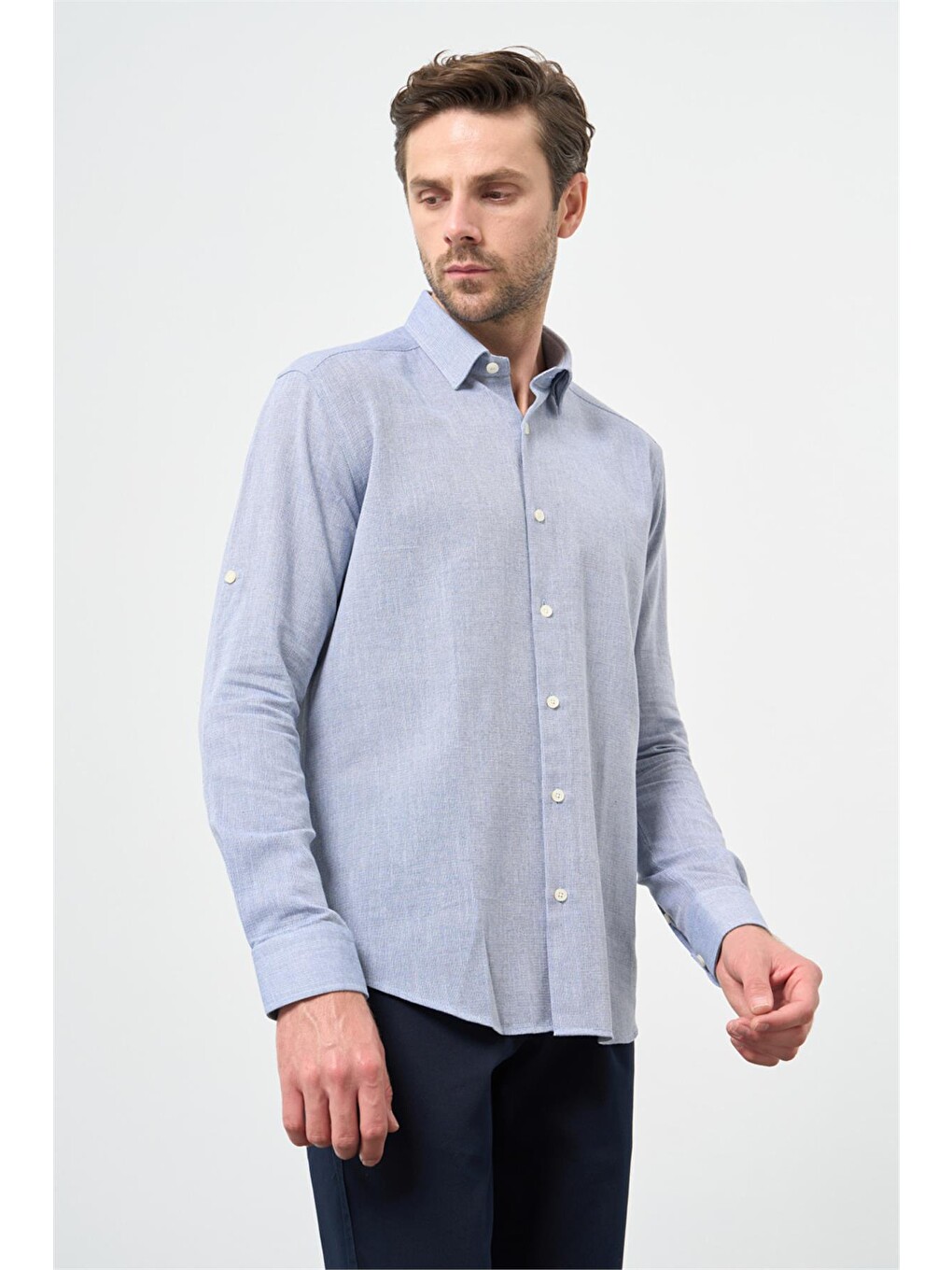 Mavi Kısalabilir Kollu Armürlü Biritli Yaka Pamuklu Casual Slim Fit Dar Kesim Gömlek 1004240202-2