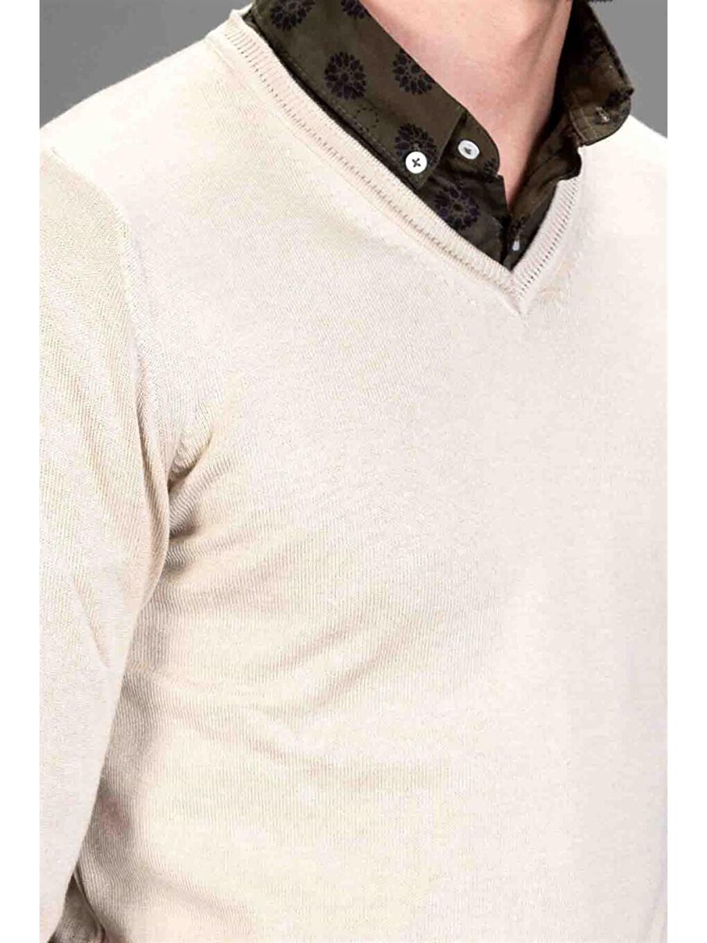 Erkek Standart Fit Normal Kesim V Yaka Pamuklu Bej Triko Kazak-2