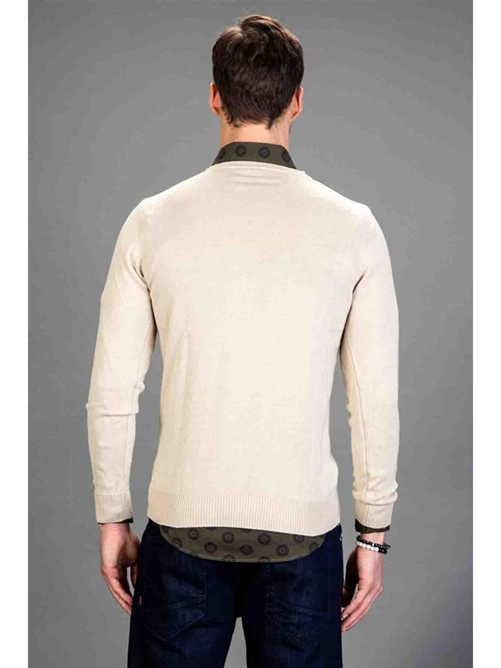 Erkek Standart Fit Normal Kesim V Yaka Pamuklu Bej Triko Kazak-3