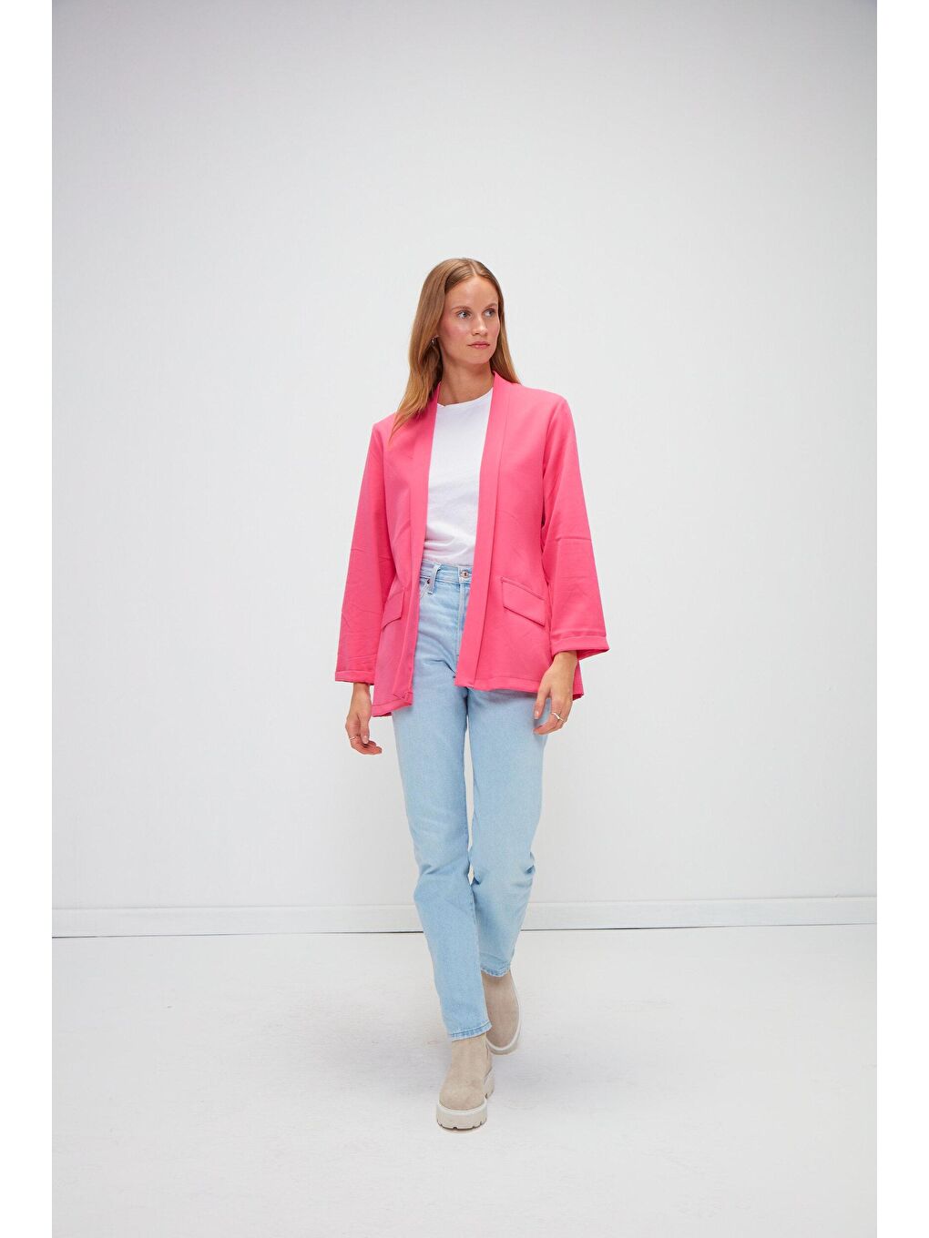 Pembe Düz Uzun Kollu Ceket-4