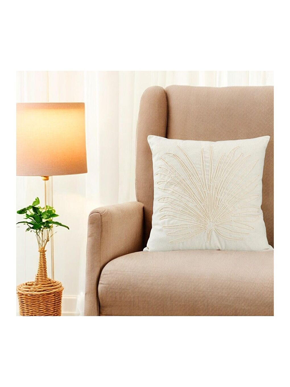 Bej Bohem Tarzı Pamuklu Nakışlı 45x45 Kırlent Kılıfı-1