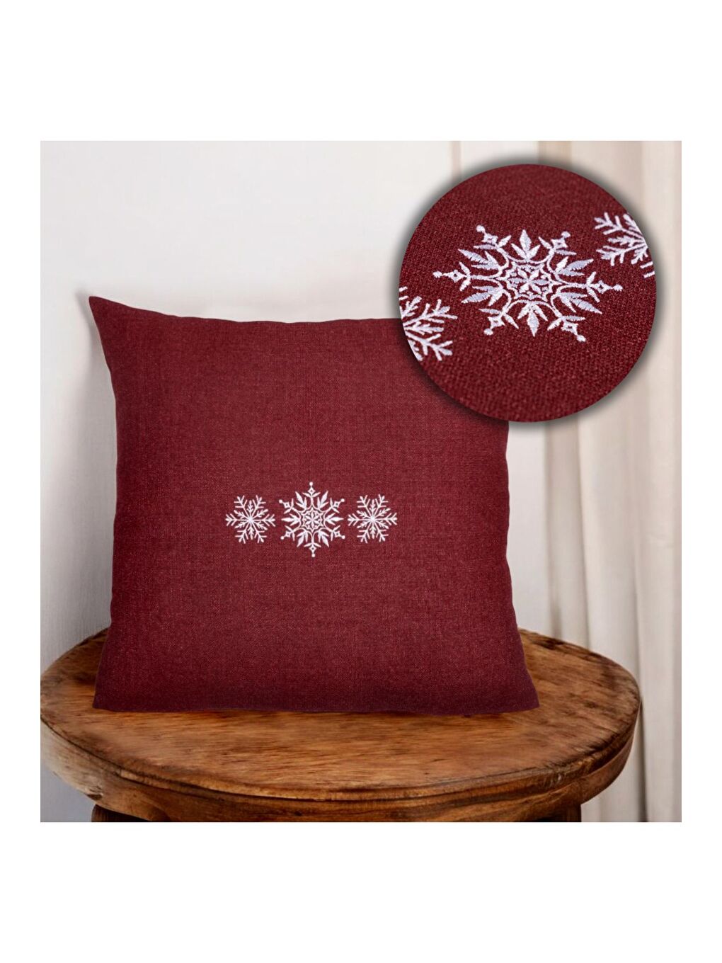 Nakışlı  Yılbaşı Konsepti  Kar Tanesi Desen 45x45 Dekoratif Kırlent Kılıfı Bordo-1