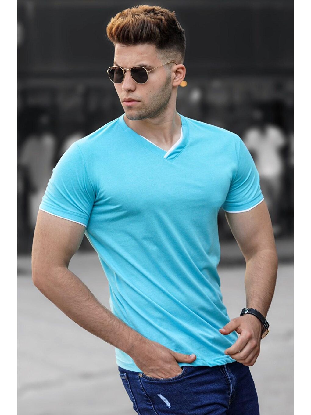 Basic V Yaka Turkuaz Tişört 5278