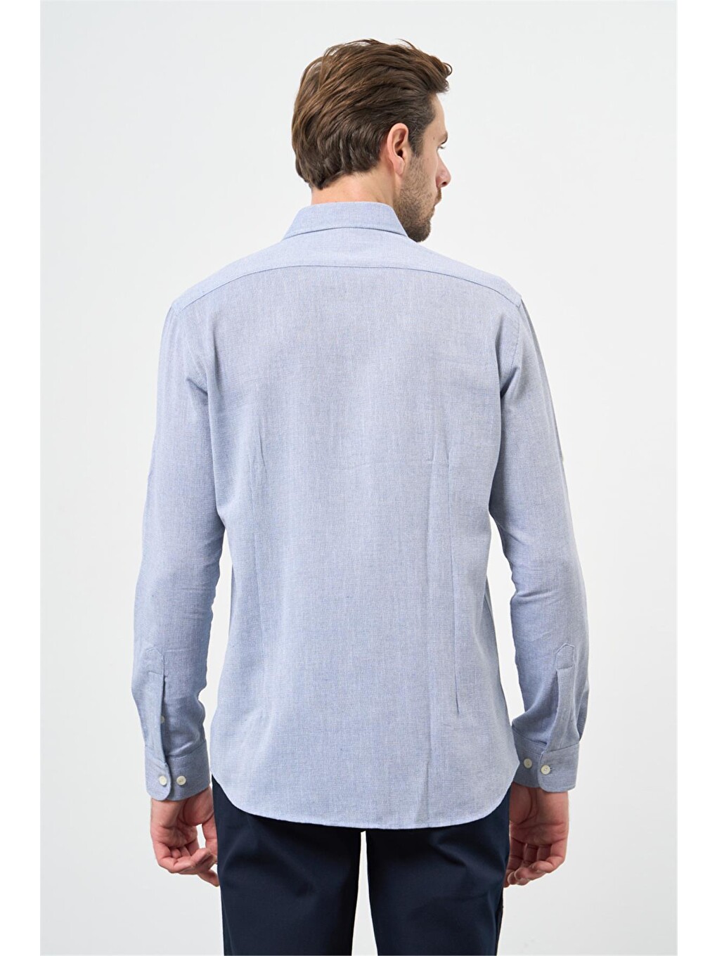 Mavi Kısalabilir Kollu Armürlü Biritli Yaka Pamuklu Casual Slim Fit Dar Kesim Gömlek 1004240202-4