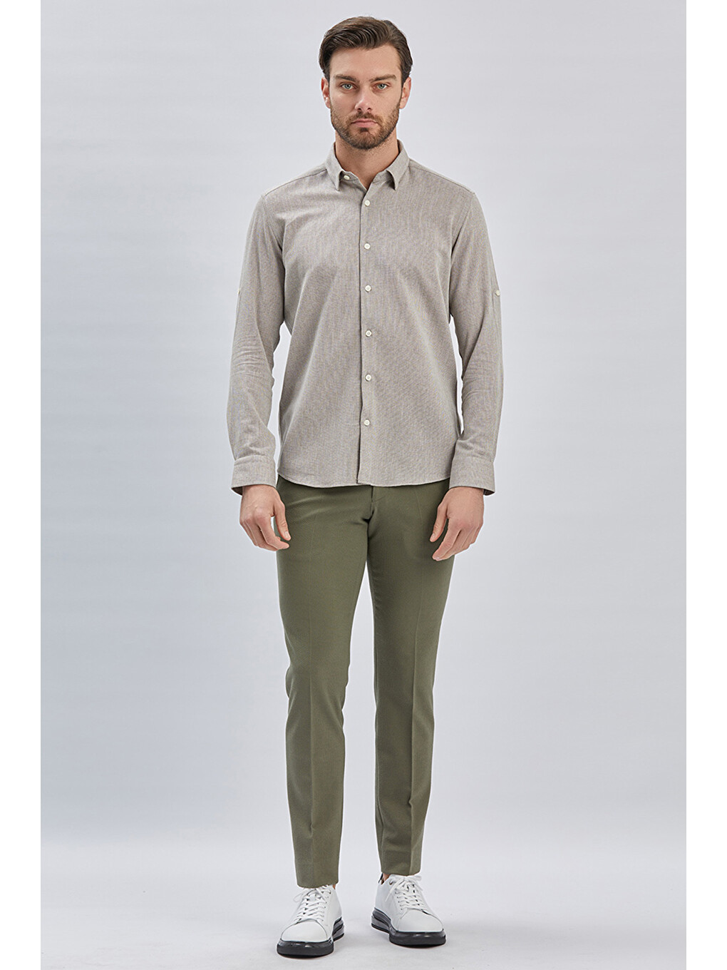 Koyu Kahverengi Kısalabilir Kollu Armürlü Biritli Yaka Pamuklu Casual Slim Fit Gömlek 1004240202-1