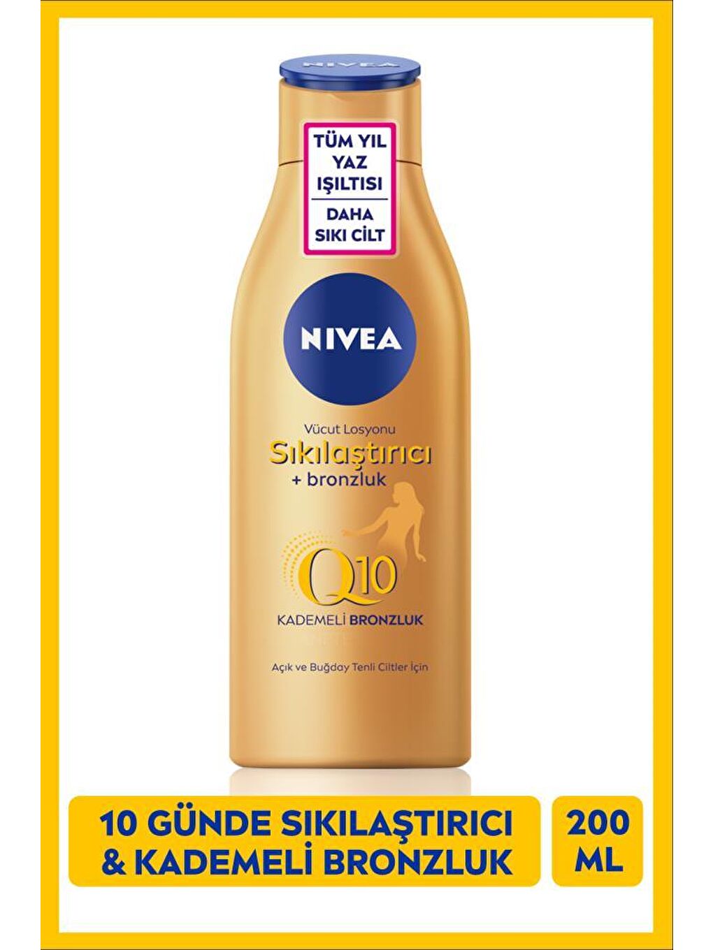 NIVEA Şeffaf Sıkılaştırıcı Bronzlaştırıcı Q10 Vücut Losyonu 200 ml, 10 Günde Sıkılaşma, Doğal Bronzluk