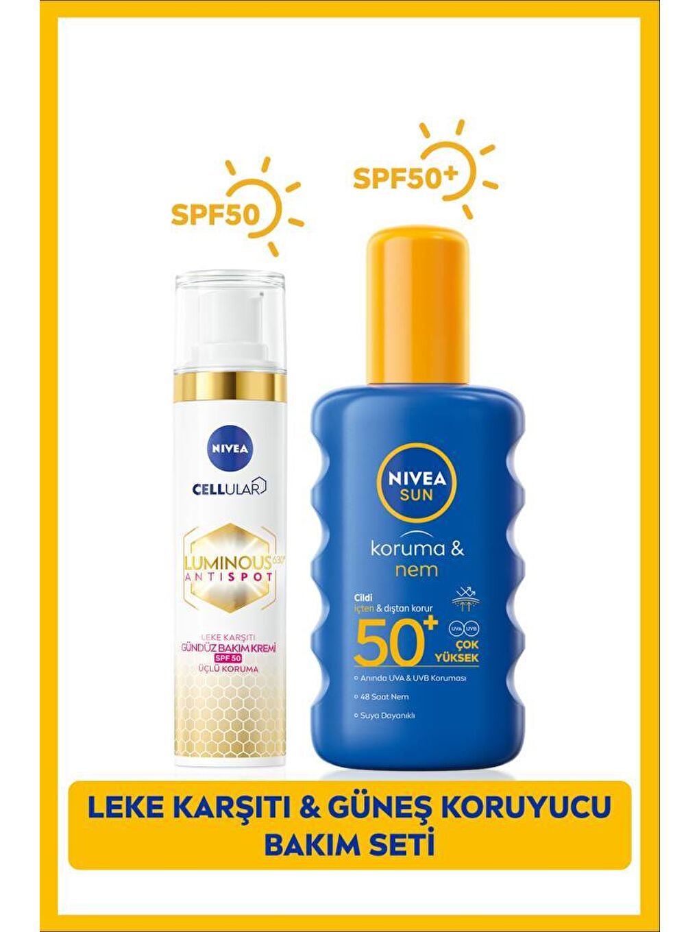 NIVEA SUN Güneş Koruyucu Sprey 200ml, Luminous630 Leke Karşıtı Gündüz Yüz Kremi 40ml, Plaj Çantası Hediye