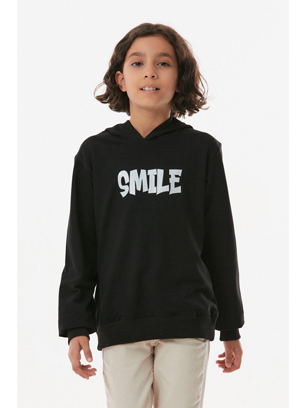 Siyah Smile Yazı  Baskılı Kapüşonlu Kız Çocuk Sweatshirt