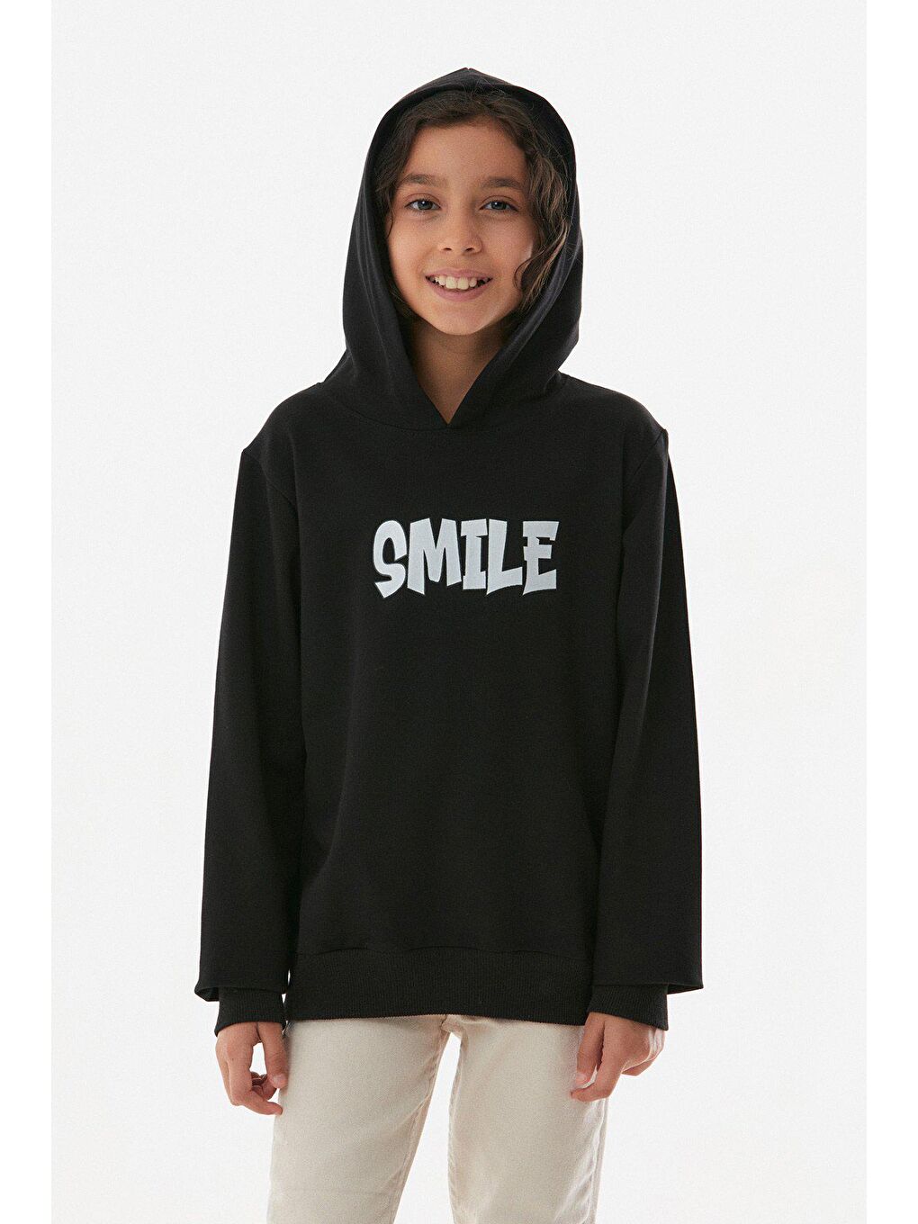 Siyah Smile Yazı  Baskılı Kapüşonlu Kız Çocuk Sweatshirt-1