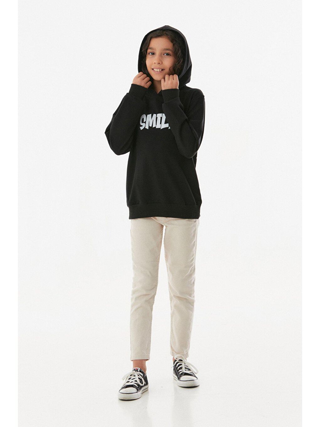 Siyah Smile Yazı  Baskılı Kapüşonlu Kız Çocuk Sweatshirt-2