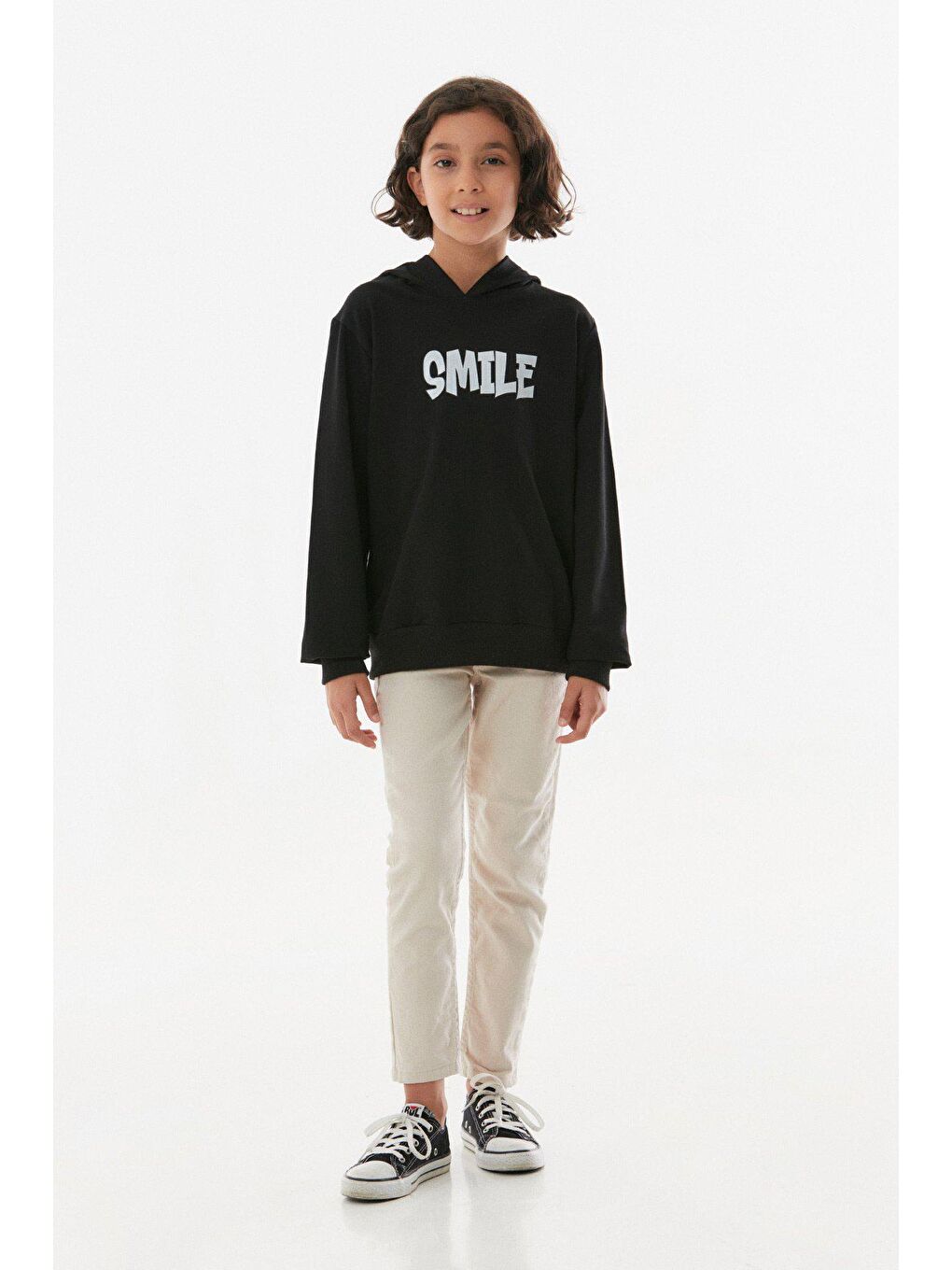 Siyah Smile Yazı  Baskılı Kapüşonlu Kız Çocuk Sweatshirt-4