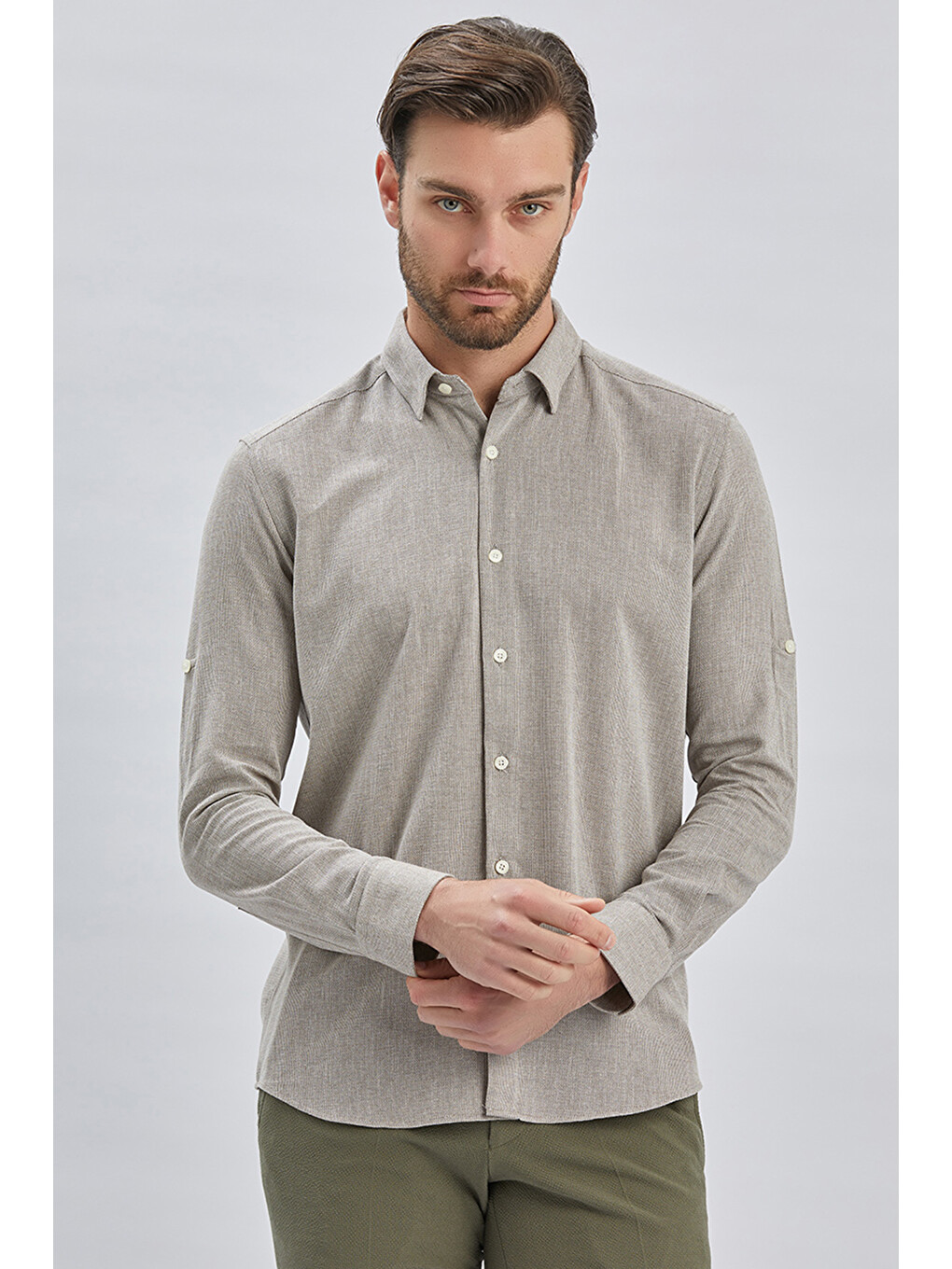 Koyu Kahverengi Kısalabilir Kollu Armürlü Biritli Yaka Pamuklu Casual Slim Fit Gömlek 1004240202-2