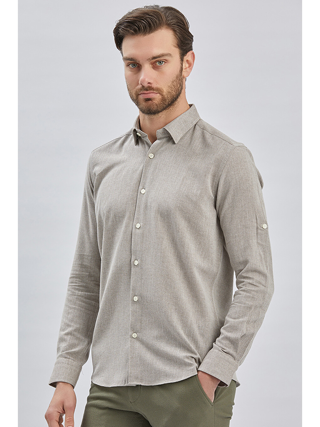 Koyu Kahverengi Kısalabilir Kollu Armürlü Biritli Yaka Pamuklu Casual Slim Fit Gömlek 1004240202-3