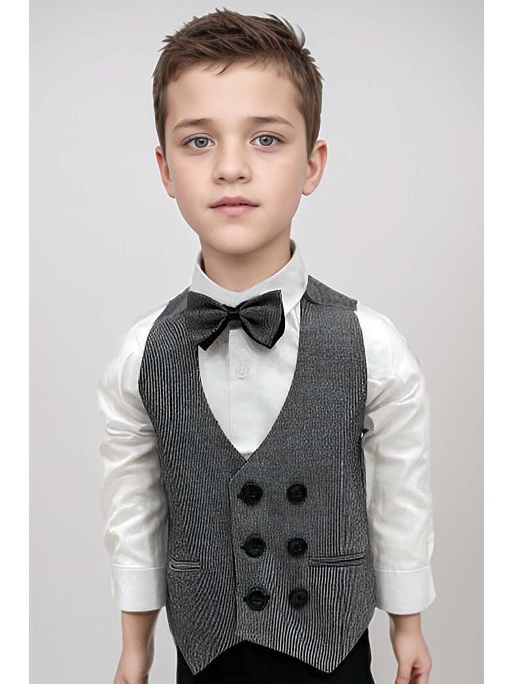 Gri Erkek Bebek Takım Elbise Çizgili Yelekli Füme Alt Üst Takım-1