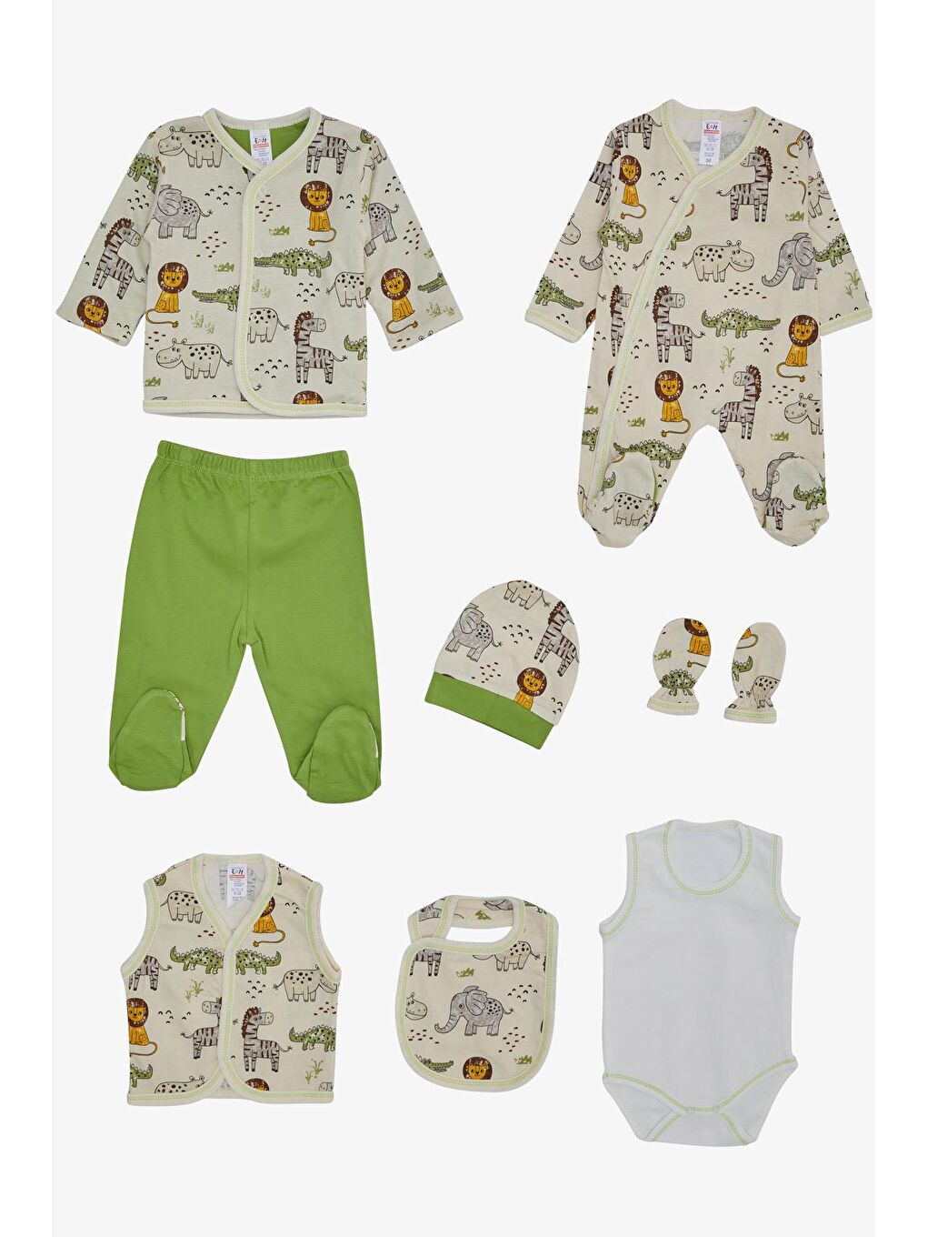 Ekru Erkek Bebek Hastane Çıkışı 8 li Sevimli Hayvancıklar Desenli Krem (0-3 Ay)