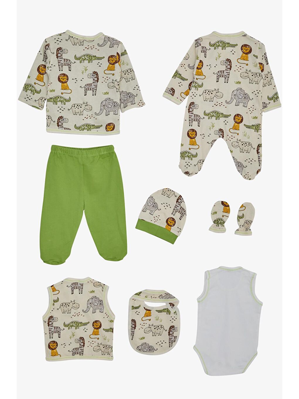 Ekru Erkek Bebek Hastane Çıkışı 8 li Sevimli Hayvancıklar Desenli Krem (0-3 Ay)-1