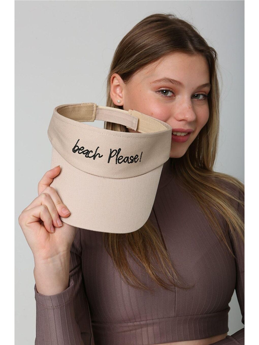Kadın Beach Please Yazı Nakışlı Bej Vizör - Tenisçi - Golf / Siperlik Şapka Spk73