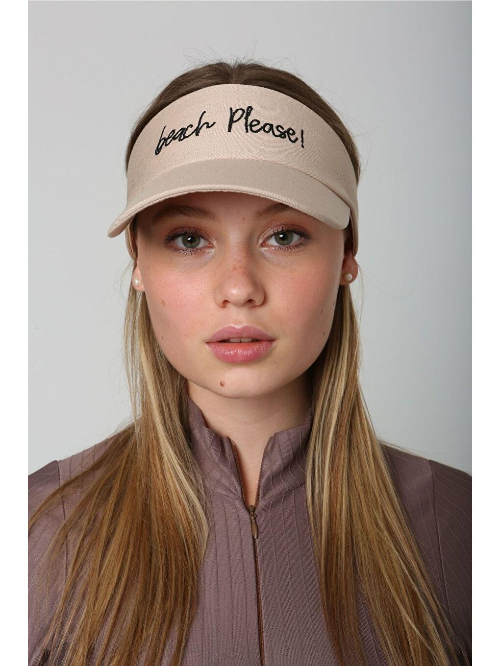Kadın Beach Please Yazı Nakışlı Bej Vizör - Tenisçi - Golf / Siperlik Şapka Spk73-1