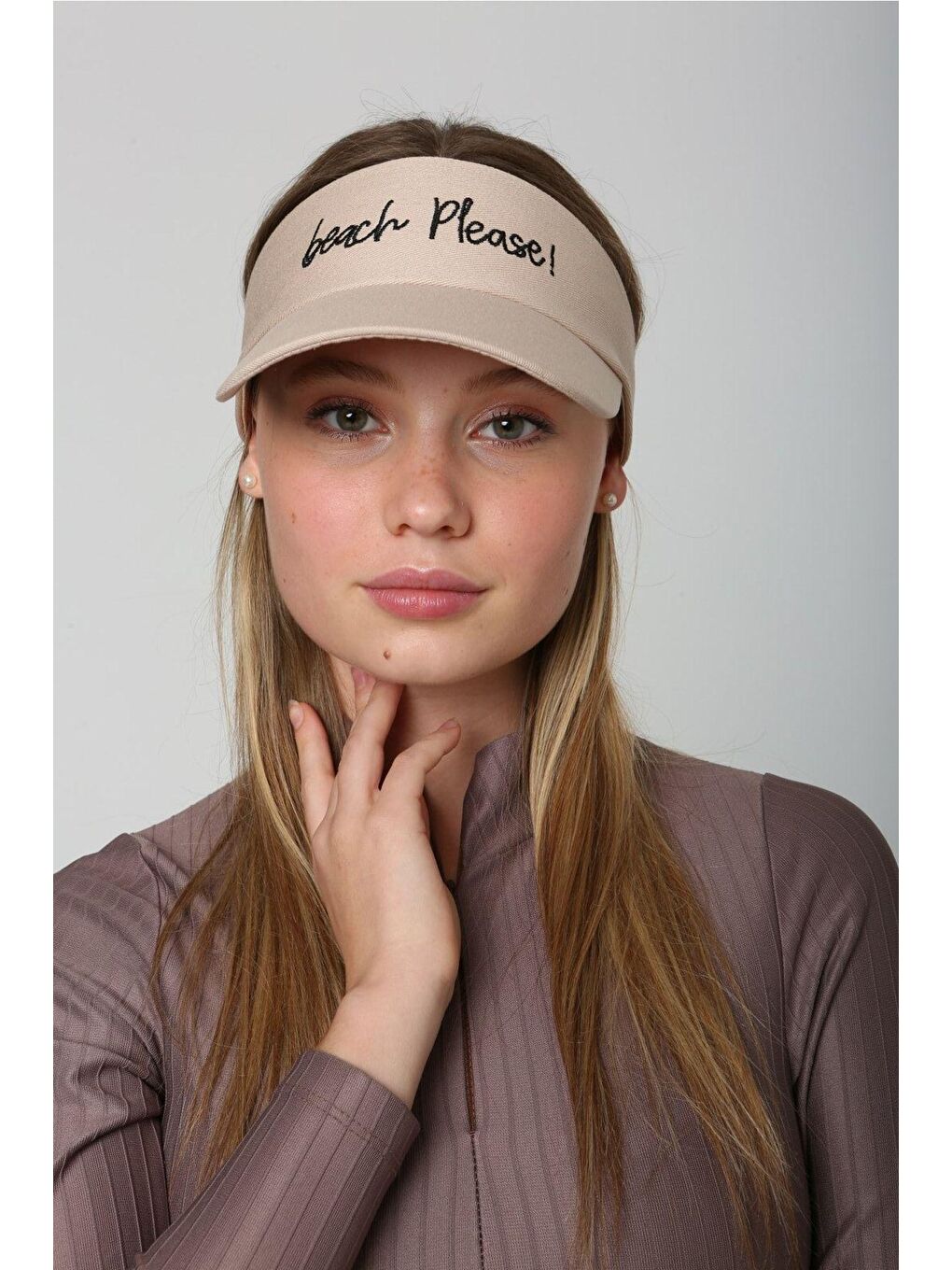 Kadın Beach Please Yazı Nakışlı Bej Vizör - Tenisçi - Golf / Siperlik Şapka Spk73-3
